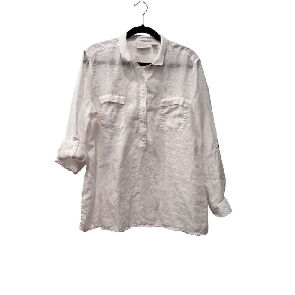 Chico's Size 3 White 100% Linen Long Sleeve Button-Up Blouse w/Roll-Tab Sleeves